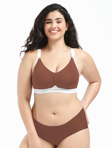 COMFELIE Wireless Bralette No Underwire Seamless Bra Lined Padded Lightweight Deep V Neck for Large Bust Breathable Support Brown