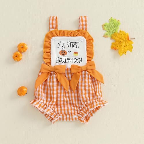 Newborn Baby Girl My First Halloween Smocked Outfit Seersucker Gingham Romper Overalls One Piece Plaid Jumpsuit2