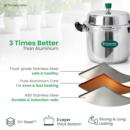 Image of The Indus Valley Stainless Steel 8 Litre Pressure Cooker Outer Lid | Induction Friendly | Tri-Ply Heavy Bottom | 100% Toxin-Free, Naturally Non-Stick