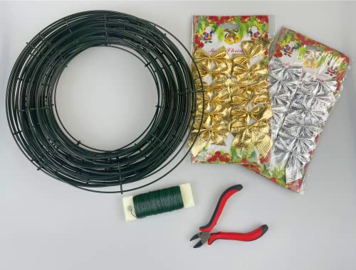 14 Pieces Christmas Wire Wreath Frame(10Inch), ENLAYER Metal Wreath Frame Dark Green Wire Round Wreath with 12 Golden Bow Tie,12 Silver Bow Tie,1 Wire Pliers and 115FT 22 Gauge Paddle Wire for Crafts - Thumbnail 4