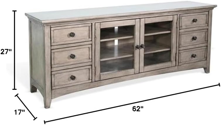 Pemberly Row Contemporary Wood 62" Media Console, Gray Finish, 6-Drawer Storage, Glass Doors, Sturdy Durable Construction, Distressed Versatile Design, Ideal Living Room TV Stand for Media