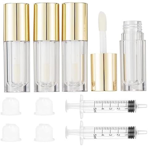 Qeuly 6ml Empty Lip Gloss Tubes, Clear Mini Lip Gloss Tubes, Lip Balm Tubes Containers with Lip Gloss Applicator Wands for Women Girls DIY Makeup Lipgloss Making Kit (D25xH86mm) (Golden) Cover