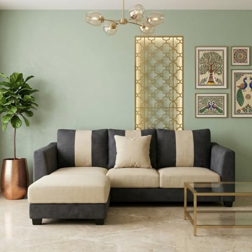 Image of Revo 4 Seater L Shape Sofa Set with Movable Ottoman | Flexible Left or Right Layout | Luxury Velvet Suede Fabric | Modern Living Room Sofa | Dark Grey-Cream