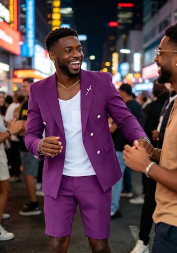 Image of Short Suits for Men 2 Piece Summer Mens Suit Beach Wedding Tuxedo | Double breasted jacket, peaked lapel, shorts, slim fit, summer suits for men, dinner party prom, vacation, business casual