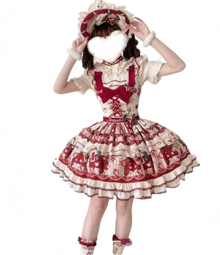 Image of Sweet Lolita Dress Women Strawberry Lace Ruffle Cosplay Costume