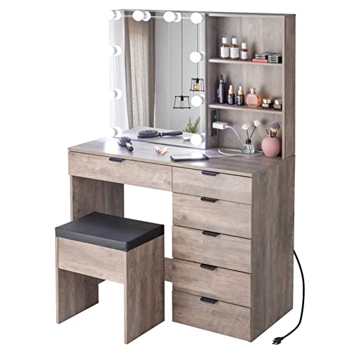 Bituman Modern Vanity Set With Cushioned Stool, Led Dressing Table With 6 Drawers And 2 Shelves Modes Adjustable Brightness, Makeup Vanity Table With Sliding Mirror Cabinet For Girls Women, Gray #TOP5