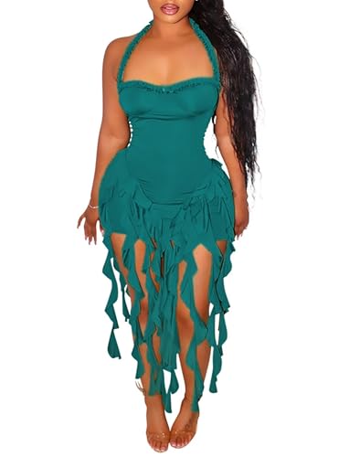 Image of Aro Lora Womens Sexy Halter Neck Sleeveless Ruffle Tassel Party Club Bodycon Mini Dress