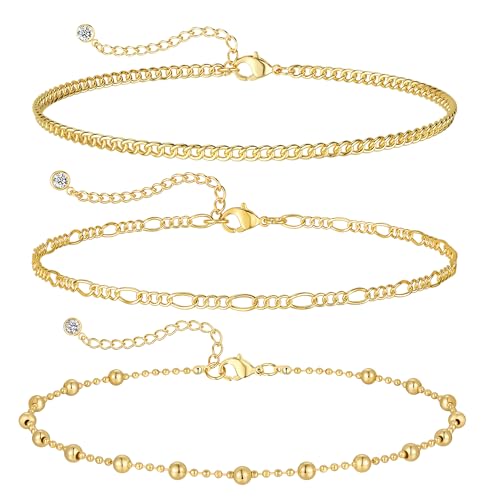 Image of Gold Anklets for Women Waterproof 14k Gold Plated Cuban Link Anklets Non Tarnish Rope Herringbone Ankle Chain Summer Beach Jewelry Gifts for Women
