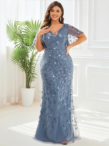 Ever-Pretty Women's V-Neck Curvy Embroidery Formal Dresses Plus Size Sequin Mother of The Bride Dresses 0692-PZUSA4