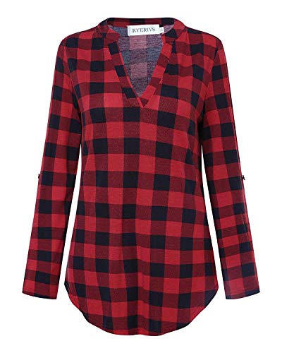 Kyerivs Women's Buffalo Check Plaid Shirts V Neck Roll Up/Long Sleeve Casual Blouse Tops Black Red M