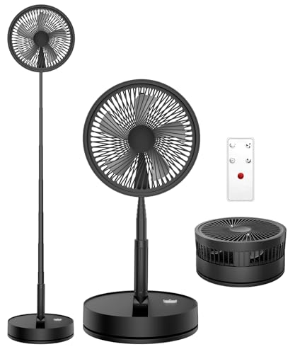 LIPETY Portable Oscillating Travel Fan with Remote - 7200mAh Rechargeable Battery Folding Standing Pedestal Fan Foldable Stand Up Tall Floor Sleeping Bed Fans for Home Bedroom (9 inch Black)