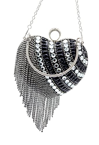 Image of UMREN Women Luxury Heart Shape Tassel Evening Clutch Bag Rhinestones Wedding Party Purse Handbag
