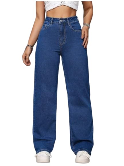 Women Blue High Waist Wide Leg Jeans, Solid Straight Fit Denim Trousers, Casual and Office Wear Palazzo Pants-picture-29