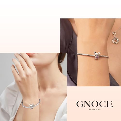 Image of GNOCE Embraces Heart Gemstone Bead Charms 925 Sterling Silver Rabbit Horse Triceratops Snake Monkey Cat Platypus Sloth Bear Pig Yak Ghost Matryoshka Doll Jewelry Gift for Women
