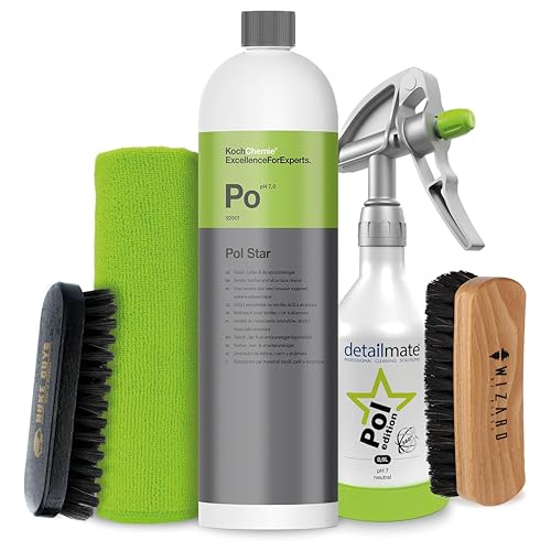 detailmate Kwazar Kit de nettoyage d'intérieur – Koch Chemie POL Star – Nettoyant textile, cuir et alcantar 1 l – Vaporisateur 360 ° 0,5 l – Chiffon 40 x 40 cm – Brosse en nylon souple