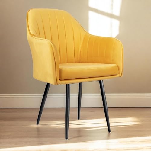 Image of Plush Dining Chair | Accent Chair for Living Room Bedroom Restuarant | Velvet Fabric & Thick Cushion Seat with Sturdy Glossy Metal Legs (Black Legs, Yellow)