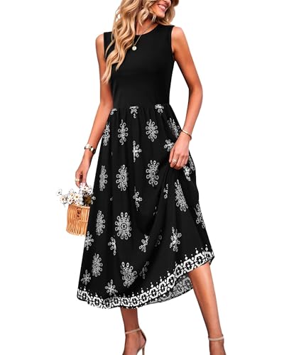 MCKOL Women Sleeveless Crewneck Ruched High Waisted Tank Long Sundress Wedding Guest Cocktail Boho Maxi Dress with Pockets