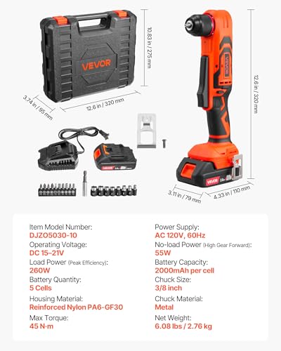 VEVOR Right Angle Drill, 3/8 Inch Chuck, 90 Degree Cordless Right Angle Drill with Brushless Motor, Battery, Charger, and Belt Clip, Adjustable Speed, for Fastening and Loosening in Tight Spaces thumbnail 7