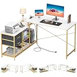 Homieasy Reversible L Shaped Desk with Power Outlet, Corner Computer Desk with Drawers and Storage Shelves, L-Shaped Long Home Office Desk Study Writing Desk Gaming Desk, White & Gold