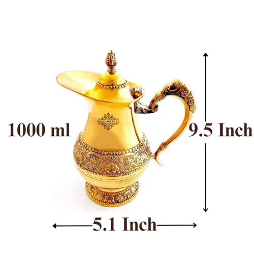 Image of Indian Art Villa Designer Brass Embossed Jug Pitcher with Lid, Drinkware & Tableware, for Serving and Drinking Water, 1000 ML, Gold
