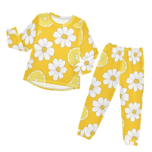 Lemon Slice Daisy Pattern Soft Pajama Set for All Seasons,Breathable Pjs Long Sleeve Sleepwear,Comfy Loungewear 2 Piece Underwear Set 8T