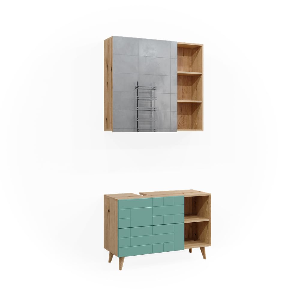 Vicco Set di mobili da bagno Rudi, Verde menta, 90 cm, composto da specchio da bagno e mobile sottolavabo