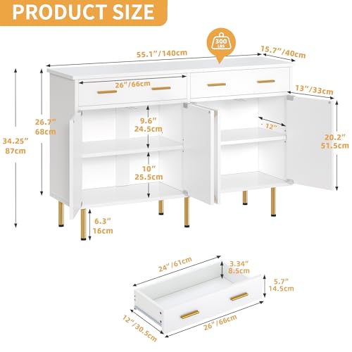 DWVO 55" Sideboard Buffet Cabinet with Storage, Modern Kitchen Storage Cabinet with Doors and Drawers for Hallway, Kitchen or Living Room, White/Gold