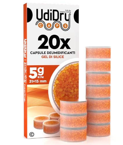 20 Capsule Deumidificanti per Apparecchi Acustici UdiDry Caps 5g 31mm con Gel di Silice Anti Umidità di Alta Qualità - Capsule Essiccanti con Indicatore di Colore per Asciugatura Protesi Acustiche