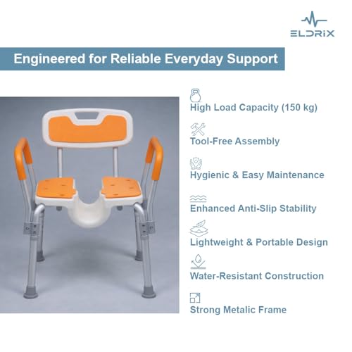 Image of Eldrix Commode Chair for Toilet Adult | Hygiene Cut-Out Shower Toilet Chair for Adults /Senior Citizen | Lightweight & Tool-Free Assembly (Orange)