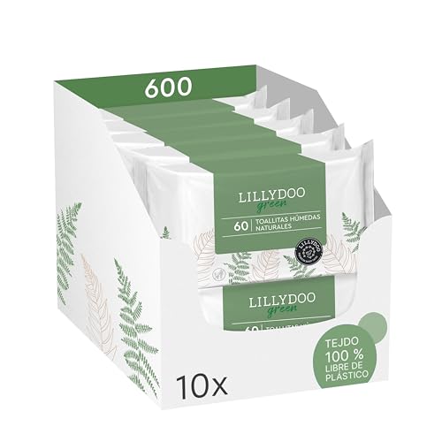 Toallitas húmedas naturales LILLYDOO green, 600 unidades (10x60), 100% sin plástico y resistentes – sin perfumes, limpieza delicada y suave para piel sensible, dermatológicamente testadas