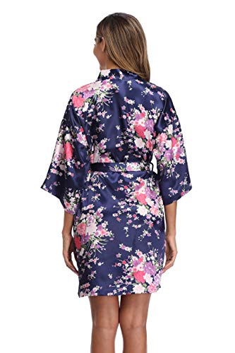 Ifigure Women Floral Kimono Robe Satin Bridal Dressing Gown Bride Bridesmaid Robes Sleepwear, Navy, L #TOP4
