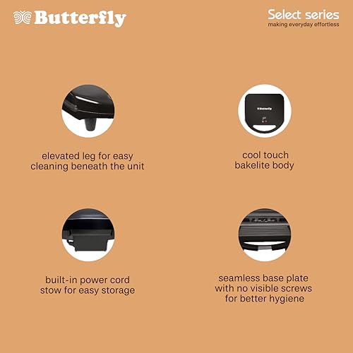 Image of Butterfly Crosta Grill 750W Sandwich Maker | German‑Engineered Non-stick Coated Plates | Crisp‑Core Heating Design | 1 Year Warranty