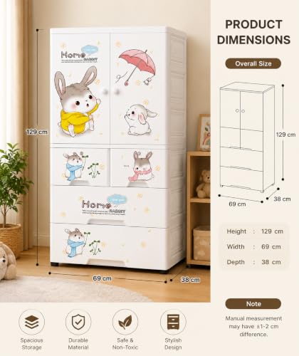 Image of AYSIS Premium Modular Wardrobe for Bedroom, Kids Room and Home | Spacious Clothes Storage Cabinet with Drawers and Shelves | Modern Stylish Design, Heavy Duty, Multipurpose Organizer -CuteRabbit