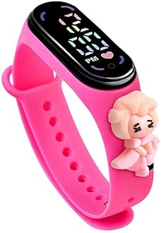 ZOVUTA Digital Dial Waterproof Stylish & Fashionable Wrist Smart Watch LED Band for Kids, Colorful Cartoon for Boys & Girls (Removable Silicon Strap) (Dark Pink Doll)