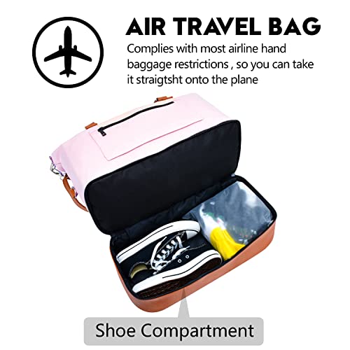 Women Travel Duffle Bag Canvas Carry On Tote Weekender Overnight Bag with PU Leather Shoulder Strap and Shoe Compartment Pink 18 Inch Women Travel Duffle Bag Canvas Carry On Tote Weekender Overnight Bag with PU Leather Shoulder Strap and Shoe Compartment Pink 18 Inch