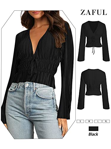 Zaful Women Deep V Neck Bell Long Sleeve Blouse Tie Knot Pleated Crop Top Solid Elegant Tunic Shirt Black #TOP2