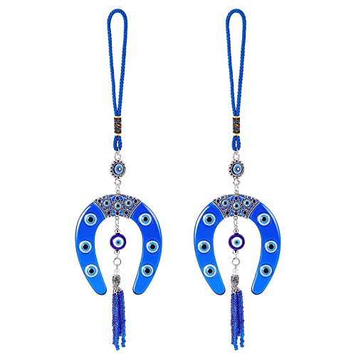 WEBEEDY 2 Stück Türkisch Blau Bösen Auto Charme Hufeisen Metall Hängen Anhänger Nazar Boncuk Blue Evil Eye Bördelt Verzierung Lucky Amulet für Schutz und Wandbehang Dekor Cover