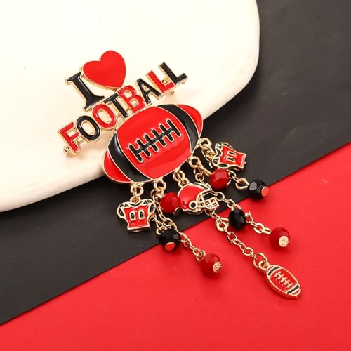 Image of Football Brooch Pin for Women - Enamel Game Day Helmet Charm With Beads Tassel - I Love Football Jewelry for Sports Team Spirit, Tailgate Party Favors (Red)