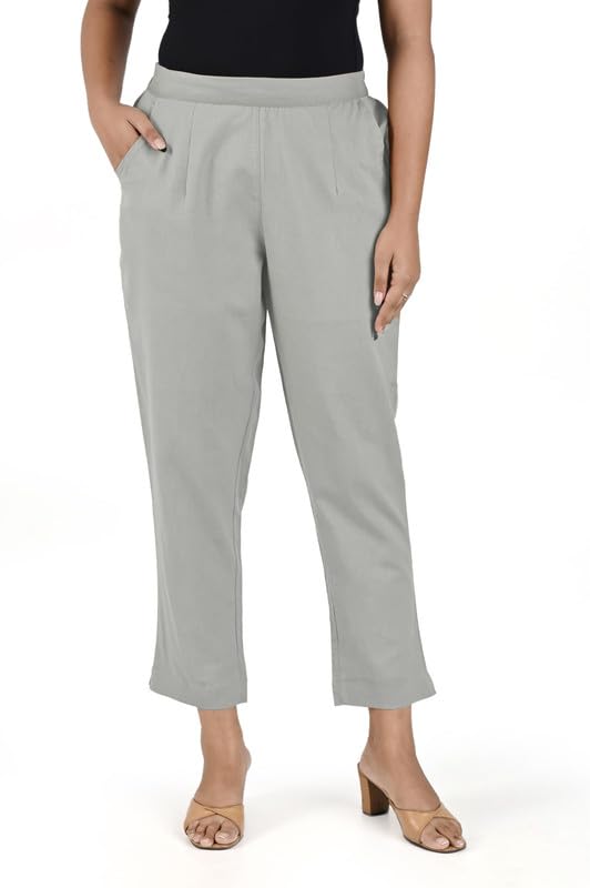 Image of Women's Solid Straight Fit 100% Cotton Trousers | High Waist, Side Pockets, Ankle Length Pants for Office, Casual