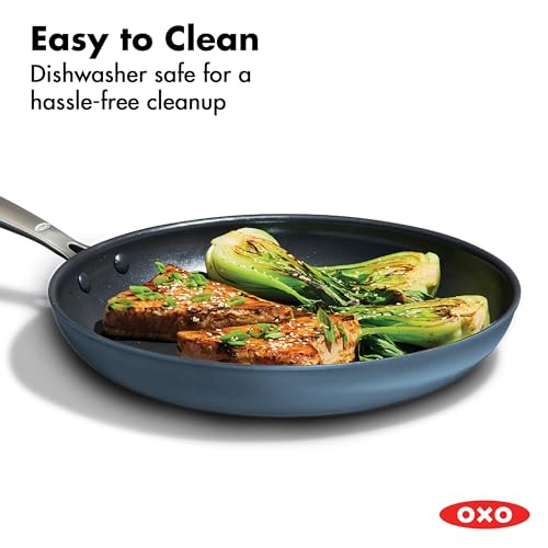 Image of OXO Enhanced 12 inch Nonstick Frying Pan Skillet, Ceramic PFAS-Free Cookware, Durable Hard Anodized, Scratch Resistant, Stainless Steel Handle, Eggs & Omelets, Dishwasher & Oven Safe, Storm Blue