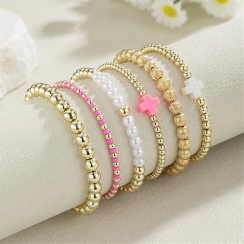 COLORFUL BLING Stackable Cross Bracelets Set for Women Imetation Pearl Resin Beaded Stretch Bracelet Stack Jewelry Birthday Christmas Prom Gifts4