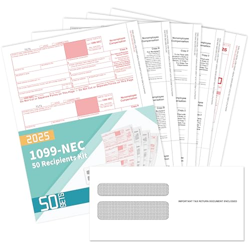 1099 NEC Forms 2025 with Envelopes, 50 2025 1099 NEC Tax Forms, 4 Part, with 50 Self Seal Envelopes with 3 1096 Included