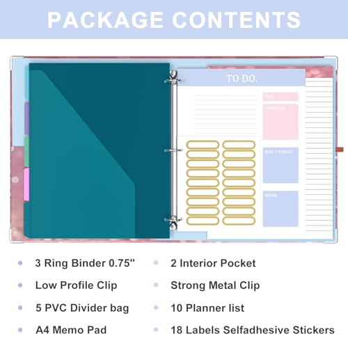 Image of 3 Ring Binder, 0.75 Inch Binder Organizer with 5 Tab Dividers, File Folder Labels, A4 Memo Pad & to Do List Planners for Women, Men, School Supplies and Office Supplies, Word Hard