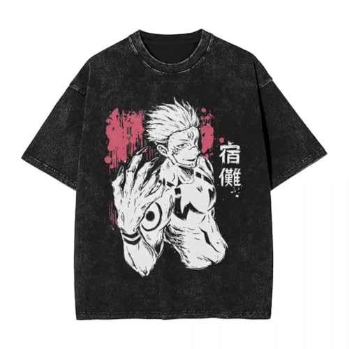 Image of JJK Anime T Shirt Anime Ryomen Sukuna Short Sleeve T-Shirt Washed Distressed Vintage Hip Hop Style Short Sleeve