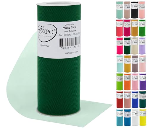 Image of Expo International Decorative Matte Tulle, Roll /Spool of 6 Inch x 25 Yards (Pack of 1), Polyester-Made Tulle Fabric, Matte Finish, Lightweight, Versatile, Washable, Easy-to-Use, Hunter Green