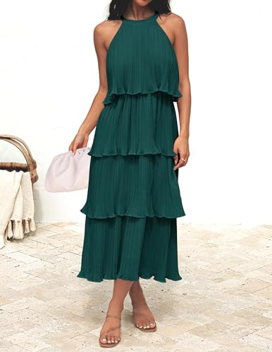Image of ZESICA Women's 2026 Summer Sleeveless Halter Neck Ruffle Tiered Layered Chiffon Flowy Swing Long Midi Dress