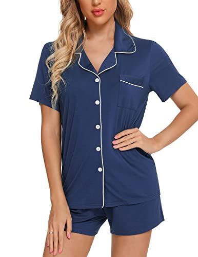 Image of Pjmlifecoco Women's Modal Pajama Set Short Sleeve Button Down Two Piece Soft Sleepwear with Shorts Loungewear S-XXL