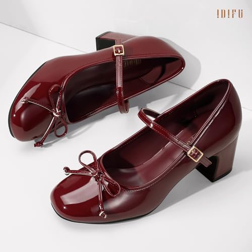 Image of IDIFU IN2 Mary Janes for Women Closed Toe Block Heels Cute Bow Dress Shoes