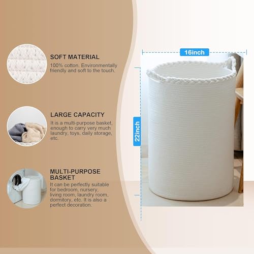 Image of ALBY Woven,Tall Wicker Laundry Basket for Blankets,Clothes,Pillows,Toys,Shoes Large Cotton Laundry Hamper for Bedroom Living Room Bathroom Nursery (72L /Extra Large16 inchD x 22 inchH, PURE WHITE)