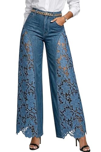 Sezhgswd - Sezhgswd Women's Floral Lace Jeans High Waisted Wide Leg Patchwork Hollow Out Mesh Sheer Baggy Stetchy Denim Pants Trousers Blue - Best Deal on Amazon